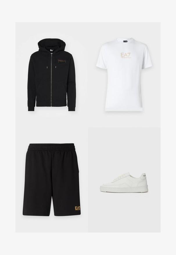Černá zipová mikina vyrobená z měkké tkaniny, s přední kapsou a barevným logem na levé části hrudníku. Obsahuje podšitý kapucí.; Bílé bavlněné tričko s kulatým výstřihem a krátkým rukávem, na přední straně s potiskem zlatého loga EA7 Emporio Armani.; Černé sportovní šortky vyrobené z měkké látky, s elastickým pasem a malým žlutým logem EA7 na dolní části levé nohy.; Bílé kožené tenisky s hladkým povrchem, kulatou špičkou, plochými tkaničkami a texturovanou podrážkou. Na patě se nachází nenápadné logo.