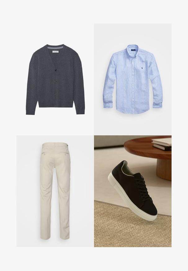 Charcoal šedý cardigan vyrobený z texturované tkaniny, s výstřihem do V, šesti knoflíky a kontrastním pruhovaným vnitřním límcem.; Modrá a bílá pruhovaná košile s dlouhým rukávem vyrobená z bavlny, s límcem na knoflíky, předními knoflíky a malým vyšitým logem na hrudi.; Beige kalhoty se hladkým povrchem, rovný střih, dvě zadní kapsy s knoflíky a standardní pas.; Černé tenisky s bílou podrážkou plující nad béžovým texturovaným kobercem poblíž kulatého dřevěného stolu se stohovanými knihami.