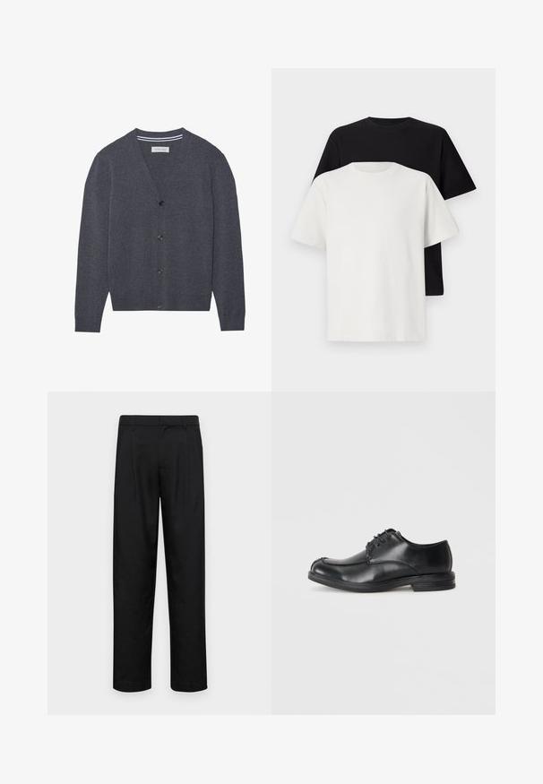 Cardigan cinza carvão feito de tecido texturizado, com decote em V, seis botões e um colarinho interior em riscas contrastantes.; Conjunto de t-shirts em algodão, com uma preta e uma branca, ambas com mangas curtas, decote redondo e corte standard. Tecido texturizado.; Calças pretas feitas de tecido suave, com um design de perna reta, dois pregas frontais e uma cintura padrão com passantes para cinto.; Sapatos de pele preta com atacadores, com bico arredondado, textura suave e um salto baixo. Apresenta detalhes de costura ao longo da parte superior e dos lados.