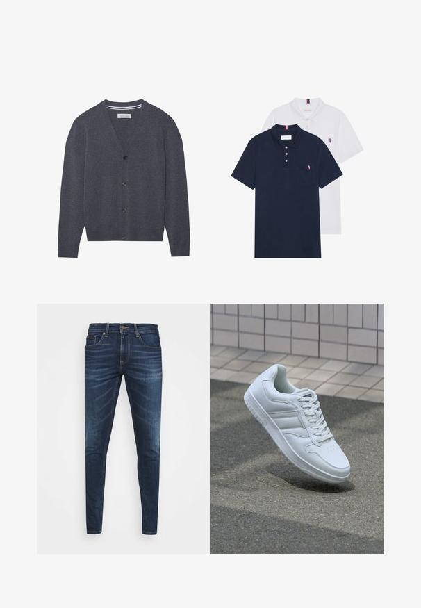 Plyšový kardigán v uhľovo šedej farbe, vyrobený z textúrovaného materiálu, s výstrihom do V, šiestimi gombíkmi a kontrastným pruhovaným vnútorným golierom.; Dvoje polo tričiek: jedno námornícky modré a jedno biele, obidve s malým červeným, bielym a modrým akcentom na vrecku a golieri.; Tmavomodré džíny s úzkym strihom, jemným opotrebovaním, piatimi vreckami a kovovým zapínaním. Šité akcenty v kontrastnej farbe.; Biele atletické tenisky s hladkým koženým zvrškom, šnurovaním vpredu, perforovanou špičkou a vzorovanou podrážkou. Minimalistický dizajn s tromi bočnými pruhmi.