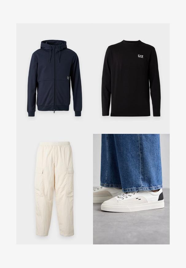 Jūrinė zip-up bluza su kapuce, virvute, priekinėmis kišenėmis ir elastingomis rankovėmis. Minkšta medžiaga ir išsiuvinėtas logotipas kairėje pusėje.; Juodas ilgomis rankovėmis marškinis, pagamintas iš minkštos medžiagos. Pirmame kairiajame krūtinės kampe yra mažas baltas logotipas. Paprastas apvalus iškirpimas ir tiesus kirpimas.; Bežinės cargo kelnės su elastinga juosta, turinčios dvi šonines kišenes ir minkštą, lengvą medžiagą. Susiglamžiusi tekstūra.; Balti ir balti sportbačiai su lygaus odos paviršiumi, tekstūruotais akcentais ir masyviu baltu padu. Turi klasiką primenančią raištelių užsegimo sistemą.