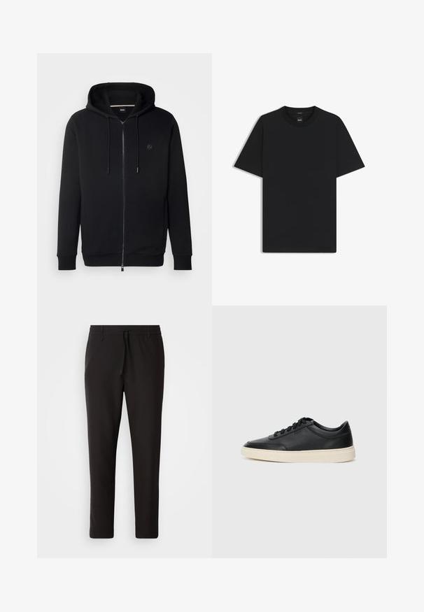 Sudadera negra con cremallera, hecha de suave tejido de algodón. Presenta una capucha con cordón y un detalle del logo en el pecho, con puños y dobladillo acanalados.; Camiseta negra de manga corta fabricada con una suave mezcla de algodón, que presenta un cuello redondo y un diseño minimalista sin patrones ni acentos.; Pantalones de chándal negros de tejido suave. Cuentan con una cintura elástica con cordón, piernas ajustadas y sin bolsillos visibles. Diseño sencillo.; Zapatilla negra de piel de caña baja con cordones negros y suela color crema, mostrada en perfil lateral sobre fondo blanco.