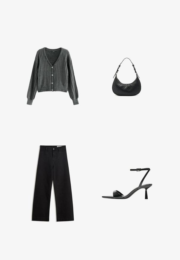 Next - Kardigan; Czarny bezrękawnik o pionowym prążkowanym teksturze, z cienkimi regulowanymi ramiączkami i luźnym krojem. Materiał wydaje się miękki i lekki.; Czarne dżinsowe spodnie o szerokich nogawkach i wysokim stanie, z przednimi i tylnymi kieszeniami, przeszyciami oraz zapięciem na guziki. Gładka struktura.; Bershka - Sandały na obcasie; Czarna skórzana torba na ramię o zakrzywionym kształcie, z wytłaczanym wzorem i regulowanym paskiem. Gładkie i fakturowane powierzchnie z akcentami ze srebrnego metalu.