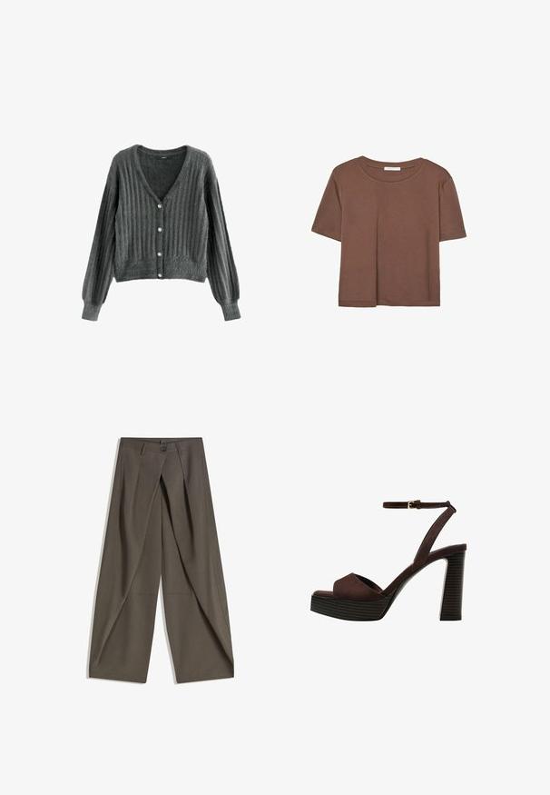 Next SOFT TOUCH FLUFFY V-NECK - Strickjacke - grey charcoal; Braunes, kurzärmliges T-Shirt aus weichem Material mit rundem Halsausschnitt und lockerer Passform. Keine sichtbaren Muster oder Akzente.; Weite Hosen aus einem strukturierten, dunkelgrauen Stoff. Mit einer vorderen Faltenlegung, Knopfverschluss und praktischen Seitentaschen ausgestattet.; Braune Wildleder-Pumps mit offenem Zeh, verstellbarem Knöchelriemen und gestreiftem Plateausohlen.