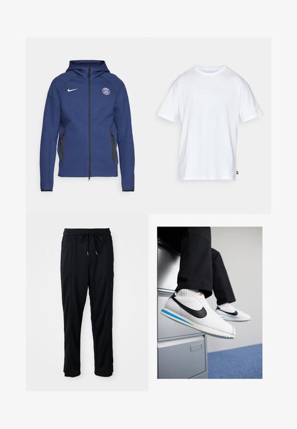 Marineblauwe hoodie van zachte stof met een volledige rits, zijzakken en een logo-label. Het heeft een gestructureerd ontwerp met een capuchon.; Witte katoenen t-shirt met korte mouwen en een ronde hals. Heeft een klein, subtiel Nike-logo op de borst en een zijlabel.; Zwarte casual broek met koord in de taille, met zijzakken en rechte pijpen op een effen achtergrond.; Witte leren sneakers met een zwarte Nike swoosh, lichtblauwe en grijze rubberen zool, en een klassiek vetersluiting ontwerp. Voeten rustend op een archiefkast.