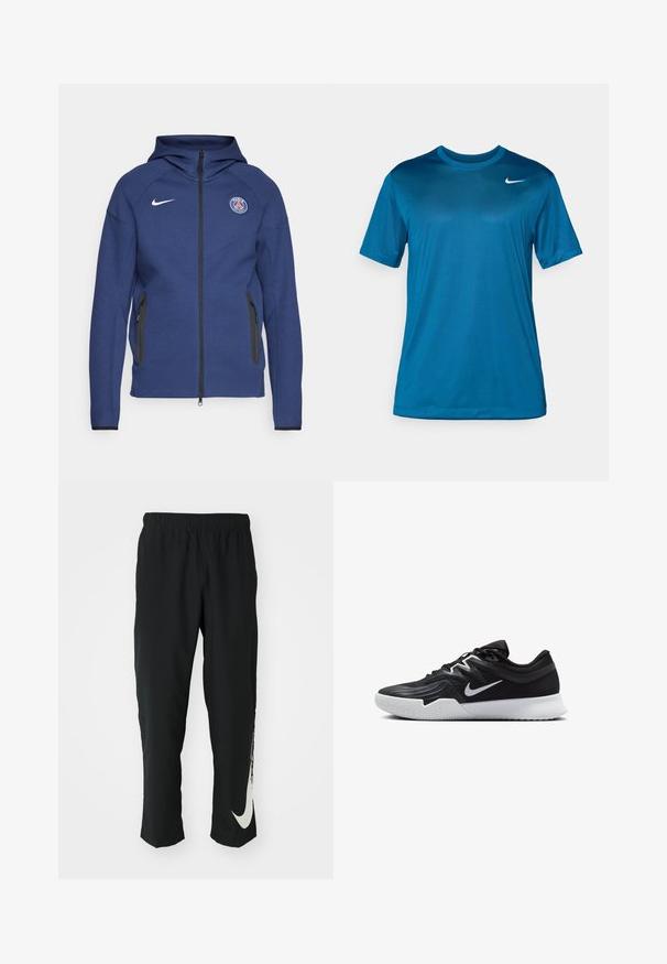 Marineblauwe hoodie van zachte stof met een volledige rits, zijzakken en een logo-label. Het heeft een gestructureerd ontwerp met een capuchon.; Korte mouw sport t-shirt in blauw, gemaakt van een gladde, vochtregulerende stof. Voorzien van een ronde halslijn en een klein logo op de borst.; Zwarte sportbroeken met elastische tailleband, taps toelopend ontwerp, met een groot wit Nike-logo op het linkerbeen. Zachte, lichte stof.; Zwarte sportieve schoen met een gestructureerde bovenkant, witte Nike swoosh en een witte rubberen zool. Beschikt over een veterontwerp en een dynamische vorm.