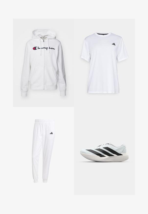 Vit zip-up hoodie tillverkad av mjukt material, med en framficka och en stor broderad "Champion"-logotyp i marinblått och röd.; Vit sporttopp med kort ärm, tillverkad av fukttransporterande tyg. Har en svart logotyp på vänster bröst och ett mönstrat inre halsringning.; Vita atletiska byxor gjorda av slät tyg, med resårmidja och åtsittande manschetter, samt en svart logotyp på bakfickan.; Lätta löparskor i ljusblått med svarta ränder. Har en slät ovandel, rund tå och tjock vit mellansula märkt "LIGHTSTRIKE PRO."