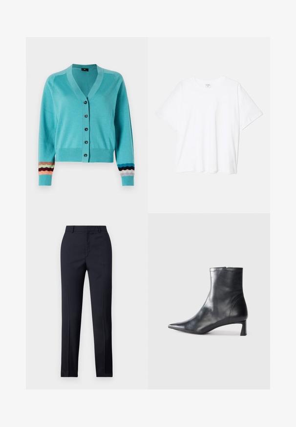 PS Paul Smith BUTTON THRU - Cardigan - blue; White cotton t-shirt with short sleeves, round neckline, relaxed fit, and stitched hem. Label visible on the inside neck.; Navy tailored trousers with a straight cut, featuring a smooth texture, two front pockets, and a clean waistband.; Black leather ankle boot with a pointed toe and a sleek design. Features a low heel and a zipper closure at the back. Smooth texture.