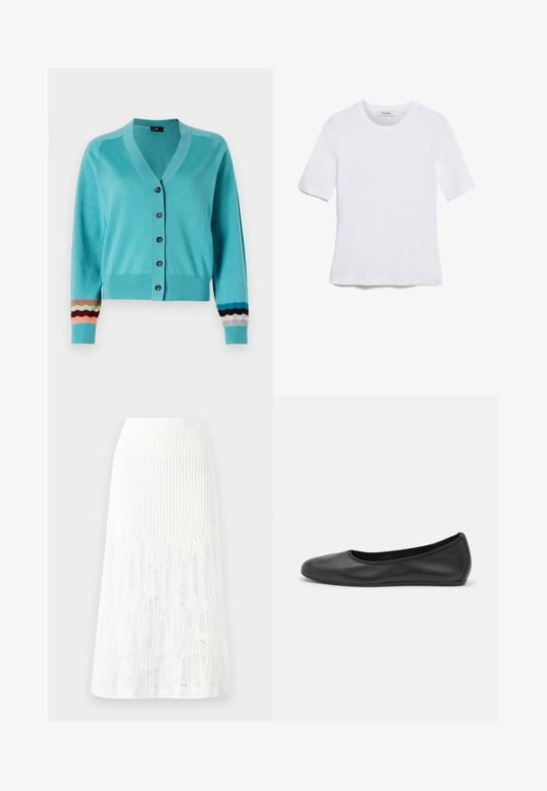 PS Paul Smith BUTTON THRU - Strickjacke - blue; Weißes kurzärmliges T-Shirt aus geripptem Stoff. Runder Halsausschnitt, normale Passform und dezente Nähte. Keine Muster oder Grafiken.; Gestreifte weiße Midi-Rock aus Strick mit einem strukturierten Muster und Ausschnitten am Saum. Elastischer Bund. Weiches Material.; Schwarze Leder-Ballettschuhe mit abgerundeter Spitze, glatter Textur, minimalen Nähdetails und einem flexiblen Sohlen-Design.