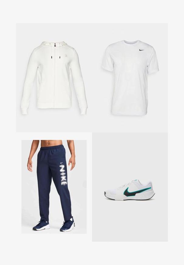Fila ROBIN - Sweatjakke - white alyssum; Hvit kortermet t-skjorte laget av glatt stoff. Har rund hals og en liten svart Nike-logo på venstre bryst.; Marineblå treningsbukser med elastisk midje, sidelommer og hvit Nike-logo-design på venstre bein. Passer til sport og hverdagsbruk.; Hvit atletisk sko med teksturert mesh-overdel, svart gummisåle og teal Nike swoosh-detalj. Har snøring og polstret krage.