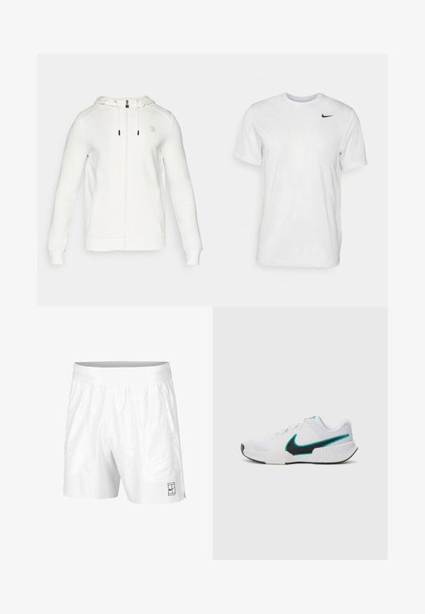 Fila ROBIN - Užtrauktuku užsegamas treningas - white alyssum; Balta trumpa rankovėmis marškinėliai, pagaminti iš lygaus audinio. Turi apvalų kaklą ir mažą juodą Nike logotipą kairėje krūtinės pusėje.; Balti sportiniai šortai, pagaminti iš lengvos medžiagos, su elastinga juosta, su dviem šoninėmis kišenėmis ir mažu juodu logotipu ant apatinio krašto.; Balti sportiniai batai su tekstūruotu tinkliniu paviršiumi, juodu guminėmis padais ir mėlyna Nike ženklu. Yra raiščiai ir paminkštinta apykaklė.