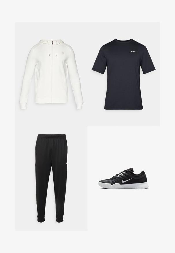 Fila ROBIN - Majica s kapuljačom i patentnim zatvaračem - white alyssum; Crna kratka majica s kratkim rukavima marke Nike, izrađena od glatkog materijala, s bijelim swoosh logom na gornjoj lijevoj strani, okrugli izrez.; Crne atletske hlače od glatkog materijala, s elastičnom pasicom, sužavajućim nogavicama i malim bijelim logom na lijevoj strani.; Crna sportska cipela s teksturiranim gornjim dijelom, bijelim Nike swooshom i bijelim gumennim potplatom. Ima dizajn s vezanjem i dinamičan oblik.