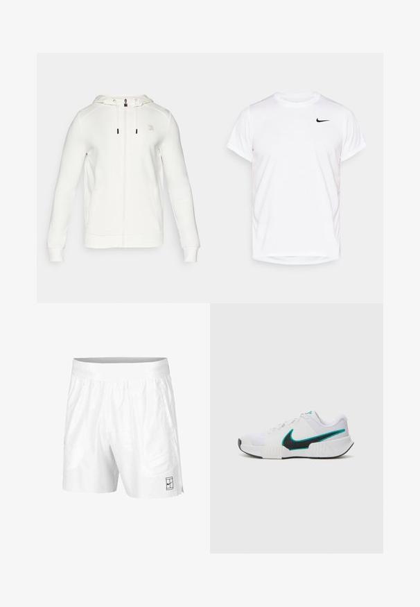 Fila ROBIN - Cipzáras pulóver - white alyssum; Fehér, rövid ujjú Nike póló sima szintetikus anyagból, fekete logóval a mellkas bal oldalán.; Fehér atlétikai rövidnadrág, könnyű anyagból, rugalmas derékkal, két oldalsó zsebbel és egy kis fekete logóval az alján.; Fehér sportcipő, texturált hálós felsőrésszel, fekete gumi talppal és türkiz Nike pipa akcentussal. Fűzős, párnázott bokarésszel rendelkezik.