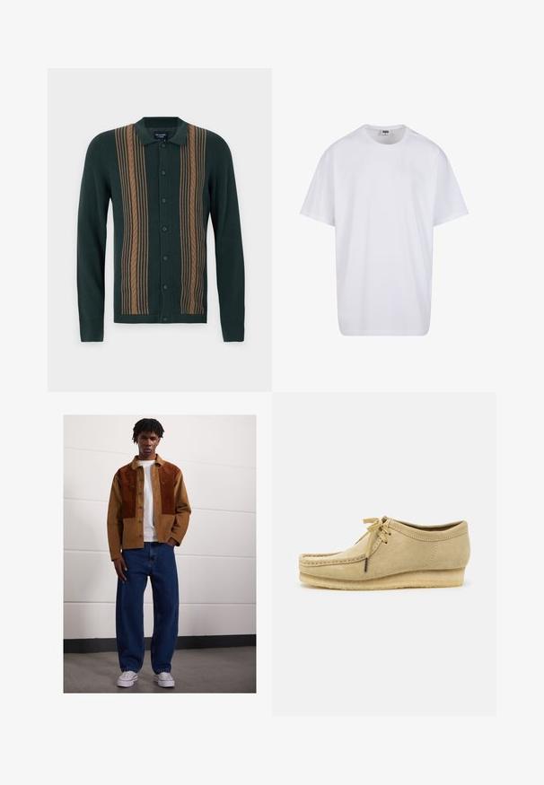Dark green cardigan with a collar, featuring vertical brown cable knit stripes and button fastening, made of soft fabric.; White cotton t-shirt with short sleeves, rounded neckline, relaxed fit, and no visible logos or patterns. Smooth texture and minimal design.; Man standing indoors wearing a brown corduroy jacket with rust patches, white t-shirt, loose blue jeans, and white sneakers.; Beige suede shoe with a lace-up design, stitched detailing, and a rubber sole. The shape is casual with a slight wedge heel.