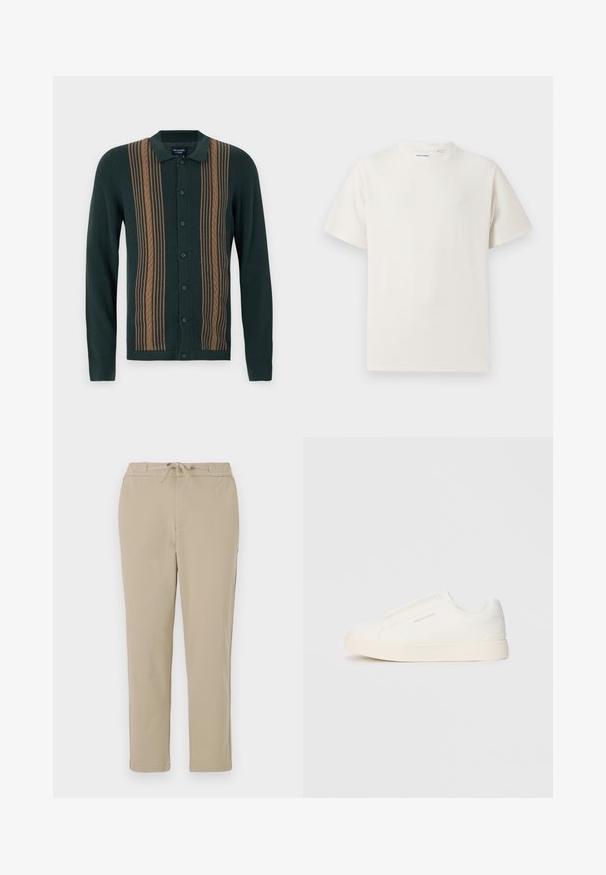 Dark green cardigan with a collar, featuring vertical brown cable knit stripes and button fastening, made of soft fabric.; White short-sleeve T-shirt in a ribbed texture. Round neckline, relaxed fit, no visible patterns or accents. Simple and versatile design.; Beige lounge pants with an elastic waistband and drawstring, featuring a straight leg design and soft, smooth texture.; White slip-on sneakers with a textured surface, a thick sole, and minimalistic design. Features brand logo on the side.