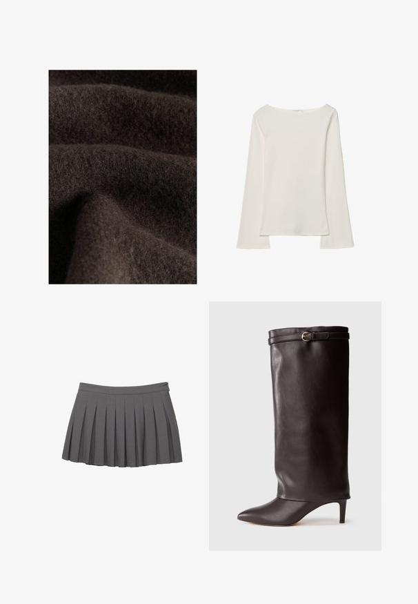 Mørkebrunt stof med en blød, fuzzy tekstur, der viser subtile variationer i skygge og dybde, som er typiske for uld eller lignende materiale.; Hvid langærmet top med bådudskæring. Lavet af blødt materiale, harflammende ærmer og en lige kant, hvilket giver et enkelt og alsidigt design.; Grå plisseret mini skirt med en knappet talje og en lille logo pynt på højre side.; Sort læder knæ-høj støvle med spids tå og slank hæl. Har en fold-over top med en guldfarvet spændeaccents. Glat tekstur.
