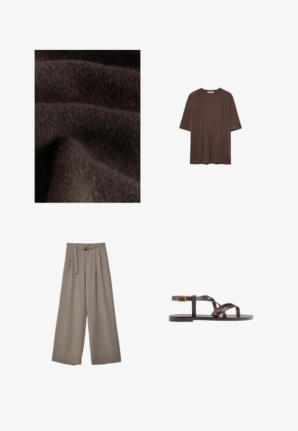 Donkerbruin stof met een zachte, fuzzy textuur, die subtiele variaties in tint en diepte vertoont, kenmerkend voor wol of een vergelijkbaar materiaal.; Bruine korte mouwen t-shirt van zachte stof, met een ronde halslijn en een relaxte pasvorm. Soepele textuur zonder patronen of accenten.; Wijd nietenbroeken van een zachte, gedempte grijze stof, met een ceintuur in de taille en plooien voor extra ontwerpelementen. Gladde textuur, geen patronen.; Bruine leren sandaal met kruisingen van banden, een enkelgesp-sluiting en een platte zool met minimale stikdetails.