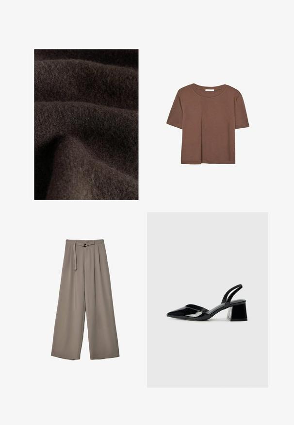 Tessuto marrone scuro con una texture morbida e pelosa, che mostra sottili variazioni di tonalità e profondità, indicative di lana o materiale simile.; Maglietta a maniche corte marrone realizzata in tessuto morbido, con scollatura rotonda e vestibilità rilassata. Nessun motivo o dettaglio visibile.; Pantaloni a gamba larga in un morbido tessuto grigio tenue, con vita con cintura e pieghe per un tocco di design aggiuntivo. Texture liscia, senza motivi.; Décolleté in vernice nera con punta affusolata e tacco in geometria cubica. Presentano un design elegante e minimalista, con una texture liscia.