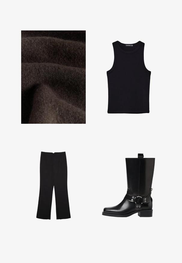 Mørkebrunt stof med en blød, fuzzy tekstur, der viser subtile variationer i skygge og dybde, som er typiske for uld eller lignende materiale.; Sort tank top lavet af bomuld, med rund halsudskæring og brede armhuller. Glat tekstur med syede kanter. Klassisk, minimalistisk design.; Sorte bukser med lige pasform, der har frontlommer og slidser i kanten. Lavet af blødt, glat stof. Velegnet til forskellige anledninger.; Sort læderknæhøj støvle med spids tå, sølv spænde detaljer og en robust hæl. Har en trækflap for nem påtagning.