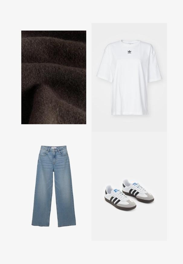 Mörkbrun tyg med en mjuk, ludden yta, som visar subtila variationer i nyans och djup, typisk för ull eller liknande material.; Vit kortärmad T-shirt i bomull. Har rund halsringning och en liten svart Adidas-logotyp på bröstet. Rakt skuren fåll.; Ljusblå vida jeans i denim. Utrustade med hög midja, fem fickor och rak passform med minimal blekning.; Sportskor med överdel i vit läder, grå mocka på tårna och tre svarta ränder. Har en blå logotyp på tungan och en texturerad gummisula.