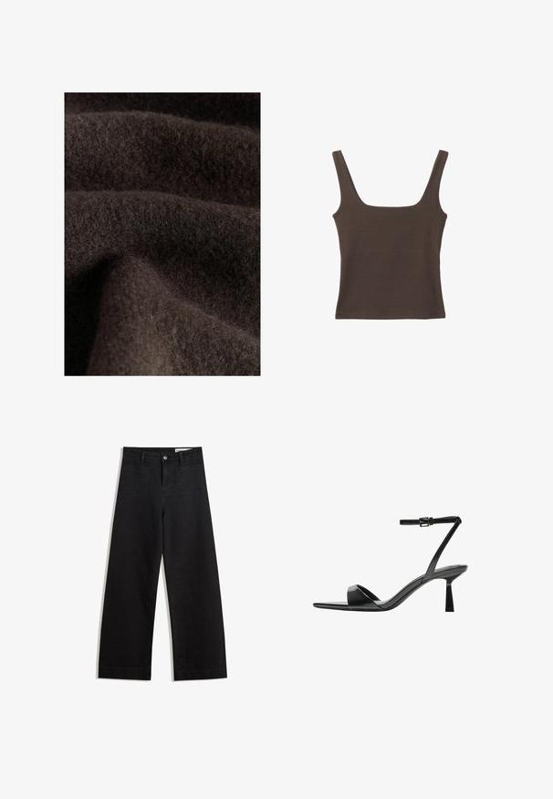 Dunkelbrauer Stoff mit einer weichen, flauschigen Textur, die subtile Variationen in Farbton und Tiefe aufweist, was auf Wolle oder ein ähnliches Material hinweist.; Braunes ärmelloses Oberteil mit quadratischem Ausschnitt, aus weichem, dehnbarem Stoff gefertigt. Verfügt über ein figurbetontes Design und flache Nähte.; Schwarze weit geschnittene Jeans mit hoher Taille, ausgestattet mit Vorder- und Hintertaschen, gesteppten Nähten und einem Knopfverschluss. Glatte Textur.; Bershka High Heel Sandalette - black