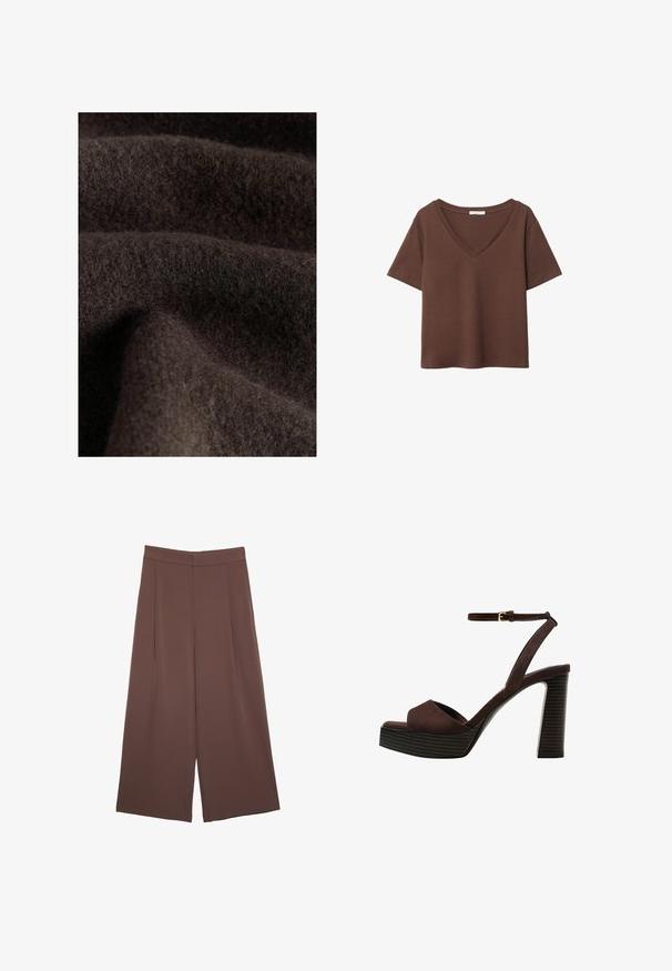 Ciemnobrązowa tkanina o miękkiej, puszystej teksturze, z subtelnymi różnicami w odcieniu i głębokości, wskazującymi na wełnę lub podobny materiał.; Brązowy bawełniany t-shirt z krótkimi rękawami i głębokim dekoltem w kształcie litery V. Prosty design, miękka faktura i prosty krój u dołu. Brak wzorów i akcentów.; Brązowe spodnie o szerokich nogawkach z gładką fakturą, z wysokim stanem i plisami z przodu. Materiał jest lekki i luźno opada.; Brązowe zamszowe sandały na wysokim obcasie z odkrytymi palcami, regulowanym paskiem na kostce i paskowatą podeszwą.