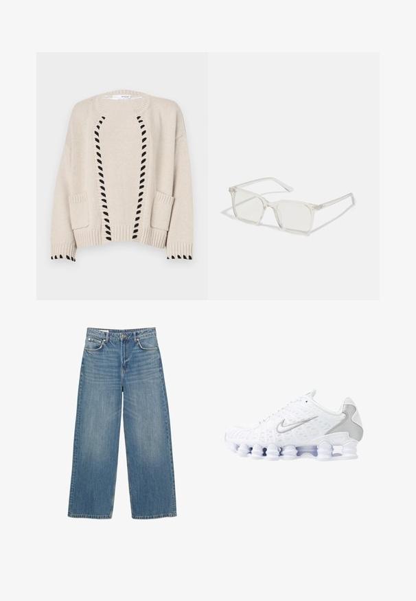Bežový pletený sveter s čiernym dekoratívnym prešívaním pozdĺž prednej časti, rebrovanými manžetami a dvoma náprsními vreckami na prednej strane.; Biele bavlnené tielko s širokými ramienkami, okrúhlym výstrihom a hladkou, rebrovanou textúrou. Bez vzorov alebo akcentov.; Svetlomodré široké džínsy vyrobené z denimu. Obsahujú päť vreciek, zapínanie na gombík a čistý lem. Po celej ploche sú rozjasnené pre textúru.; Biele športové topánky s jemnou sieťovinou na hornej časti, striebornými detailmi a jedinečným dizajnom podpätka v tvare cievky. Majú polstrovaný golier a šnurovanie pre lepšie udržanie na nohe.; Priehľadné plastové okuliare s námestovými rámami a priehľadnými šošovkami, s kultivovanými zlatými akcentmi na spánkoch pre zvýraznenie detailov.; Modrá džínová taška s polstrovaným, zaobleným tvarom a zakrivenou rukoväťou. Textúra je mäkká, s viditeľným šitím a hladkým povrchom.