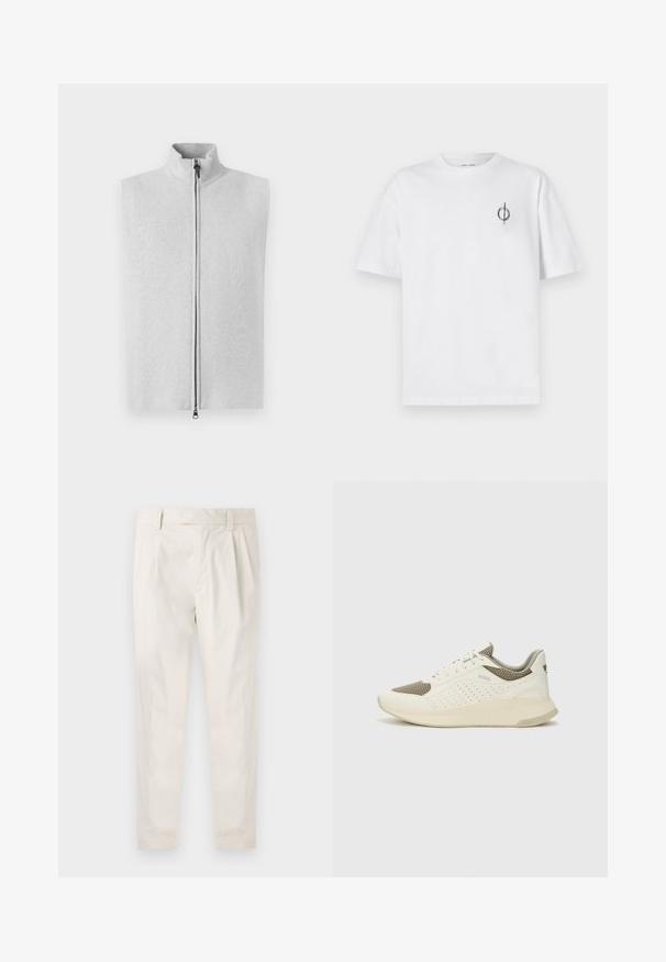 Ljusgrå ärmlös väst med hög krage, frontdragkedja och slät stickad yta. Enkelt design, utan ytterligare mönster eller accenter.; Vit bomullströja med avslappnad passform, med en liten svart grafisk logotyp på vänster bröstområde. Korta ärmar, rundad hals.; Vita, plisserade byxor med skräddarsydd passform, med en mjuk yta, bälteshängare och avsmalnande ben. Inga synliga fickor eller mönster.; Vit och ljusbeige atletisk sneaker med ett meshöverdrag, perforerade detaljer och en texturerad mellansula med varumärke på hälen.