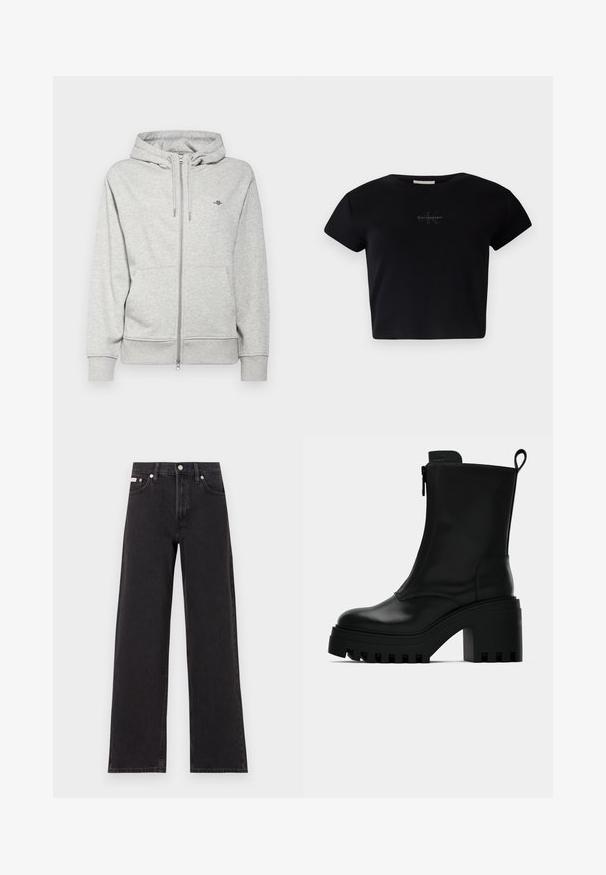 GANT SHIELD ZIP - Mikina so zipsom - light grey melange; Čierny rebrovaný krátky rukáv crop top vyrobený z mäkkého materiálu, s jemným logom Calvin Klein v strede. Jednoduchý, klasický dizajn.; Čierne široké džínsy vyrobené z denimu, s vysokým pásom, piatimi vreckami a kovovým zapínaním s kontrastným šitím.; Čierne kožené členkové čižmy s robustnou podrážkou, blokovým podpätkom, bočným zipsom a pútkom na zadnej strane na jednoduchom bielom pozadí.