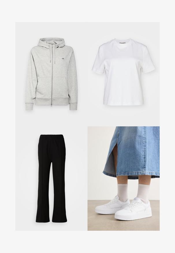 GANT SHIELD ZIP - Felpa con zip - light grey melange; AllSaints LISA - T-shirt basic - white; Pantaloni neri con vita elastica e design svasato, caratterizzati da linee pulite e senza decorazioni visibili. Realizzati in un tessuto liscio e elastico.; Sneakers bianchi in pelle texture, con suola platform, punta rotonda e sistema di lacci; abbinati a calze corte grigie e una gonna di jeans.