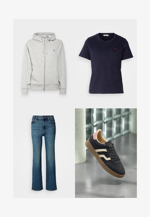 GANT SHIELD ZIP - Cipzáras pulóver - light grey melange; Sötétkék pamut póló, V nyakkivágással, rövid ujjakkal, kis burgundi színű hímzett logóval a mellrészen. Puha tapintású.; Magas derekú kék farmernadrág, egyenes szárú dizájnnal, enyhe kopással és normál gombos-zipzáros záródással.; Tengerészsötét bőr sportcipők krémcsíkokkal, rózsaszín részletekkel a sarokon és egy strukturált világosbarna gumitalppal. Klasszikus alacsony fazon.