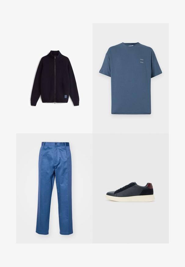 Granatowy sweter na zamek z wysokim kołnierzem, o ukośnej prążkowanej fakturze, z małą niebieską naszywką z logo na dolnej przedniej części.; Niebieska bawełniana koszulka z klasycznym okrągłym dekoltem, krótki rękaw, luźny krój i dwa małe nadrukowane logo na piersiach. Gładka tekstura.; Niebieskie spodnie z gładkiego materiału, o prostym kroju nogawek, z zapięciem na guzik i subtelnymi detalami w stębnowaniu.; Niskie męskie sneakersy z czarnej skóry i zamszu, z bordową pętlą na pięcie i białą gumową podeszwą, widziane z zewnętrznej strony.
