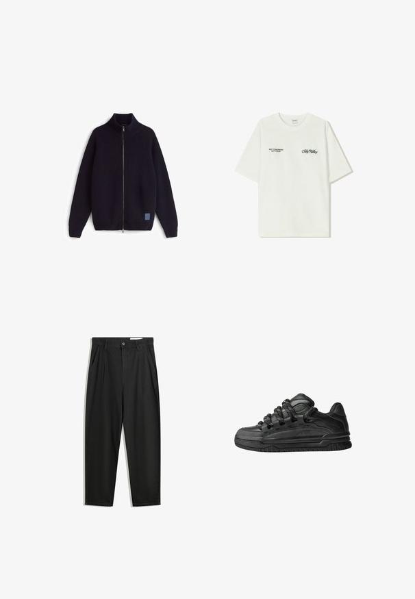Gebreide donkerblauwe sweater met rits en hoge kraag, diagonale geribbelde textuur, en een klein blauw logoplaatje aan de onderkant vooraan.; Witte katoenen T-shirt met korte mouwen. Aan de voorkant staat in zwarte tekst: "NIET MORGEN NIET VANDAAG" en "DE KUNST VAN VUIL VERPLAATSEN" in groene cursieve letters.; Zwarte katoenen broeken met een losse pasvorm, voorzien van een klassieke tailleband, voorplooien en zijzakken. Gladde structuur zonder patronen.; Zwarte sneakers met een glad leren bovenwerk, gearceerde accenten en ronde zwart-witte veters. Dikke rubberen zool met een geprofileerd loopvlak.