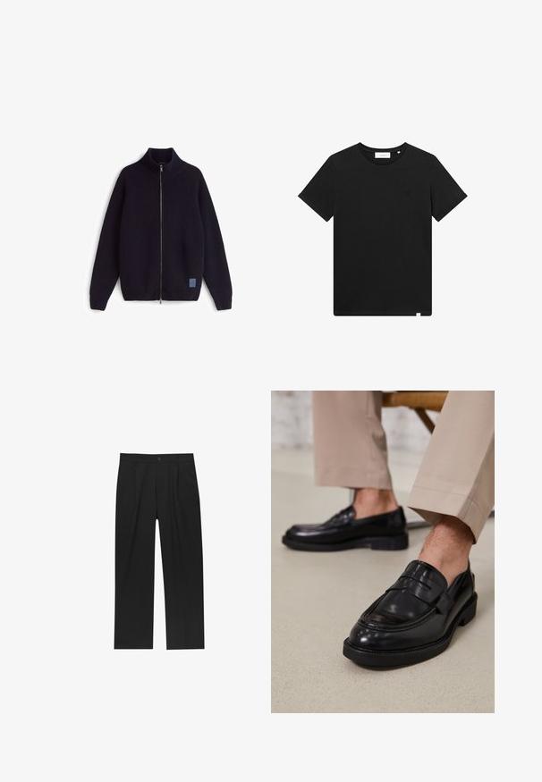 Pletený tmavomodrý sveter na zips s vysokým golierom, diagonálnou rebrovou textúrou a malou modrou logo nášivkou na prednej spodnej časti.; Čierne tričko s krátkym rukávom vyrobené z bavlny, s okrúhlym výstrihom a malým logom vyšitým na hrudi. Hladká textúra, štandardný strih.; Čierne nohavice s rovnými nohavicami, vyrobené z hladkej tkaniny. Majú predné puky a jediné gombíkové zapínanie v páse.; Čierne kožené poltopánky s hladkým povrchom, so zdobným remienkom a kontrastným prešívaním, skombinované s béžovými nohavicami.