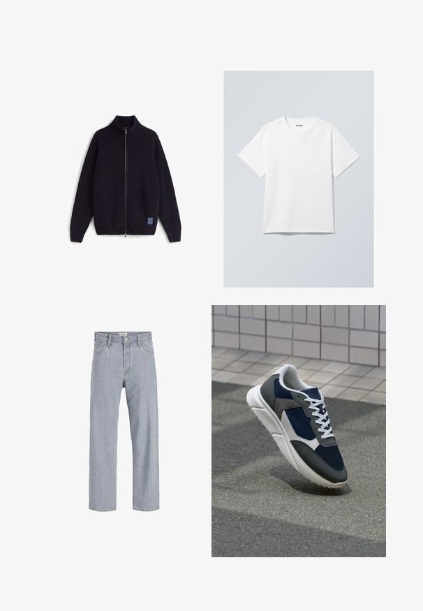 Pletený tmavě námořnicky modrý svetr na zip s vysokým límcem, diagonální žebrovanou strukturou a malou modrou logovou nášivkou v dolní přední části.; Bílý bavlněný tričko s kulatým výstřihem, krátkými rukávy a volnějším střihem. Na výstřihu je štítek s nápisem "WEEKDAY".; Světlé modré denimové džíny s uvolněným střihem, rovnými nohavicemi, viditelným šitím, dvěma předními kapsami a zapínáním na knoflík.; Tenisky s horní částí z námornicky modré síťoviny, šedými semišovými akcenty, bílou gumovou podrážkou a plochými bílými tkaničkami, navržené pro pohodlí a prodyšnost.