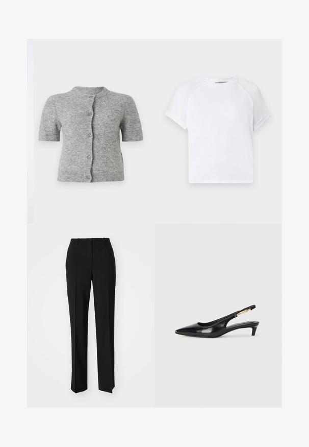Krátký rukáv, svetřík světle šedé barvy vyrobený z měkké tkaniny, s kulatým výstřihem, zapínáním na knoflíky a žebrovaným detailem na spodním okraji a rukávech.; Bílý bavlněný tričko s kulatým výstřihem, krátkými raglánovými rukávy a volným střihem. Hladká texturka bez viditelných vzorů či akcentů.; Černé kalhoty na míru se střihem do rovna, které mají hladkou texturu a ostré sklady na přední straně. Bez viditelného kování.; Černé kožené boty na podpatku s otevřenou patou a špičatou špičkou, s tenkým podpatkem a zlatým akcentem na nastavitelném pásku. Hladký povrch.