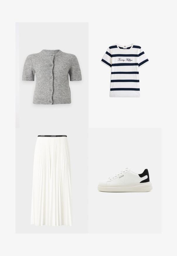 Krátky rukáv, svetlosivý kardigán vyrobený z jemného materiálu, s okrúhlym výstrihom, zapínaním na gombíky a rebrovanými detailmi na leme a rukávoch.; Bavlnené tričko s horizontálnymi námorníckymi pruhmi na bielom pozadí. "Tommy Hilfiger" vyšívané kurzívou na hrudi. Okrúhly výstrih.; Plisovaná biela sukňa s čiernym elastickým pásom s logom "LACOSTE". Sukňa je stredne dlhá a má mäkkú textúru.; Biele kožené tenisky s hrubou bielou podrážkou, čiernym zamekom na päte a vyrazeným logom na boku. Šnurovací dizajn so šiestimi očkami.