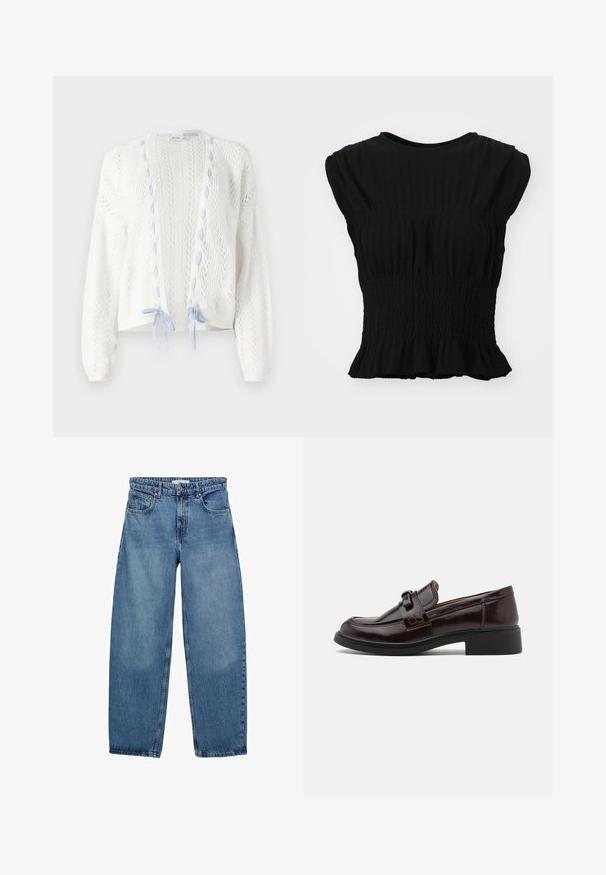 Cardigan alb tricotat cu un model în zigzag, având accente de un albastru deschis și crimpe la partea din față. Mâneci lungi și design deschis în față.; Top scurt negru cu mânecă scurtă, realizat dintr-un material texturat, cu o talie pliată și o margine volanată. Decolteu rotund.; Jeans din denim albastru deschis, cu o croi lejer, picioare drepte, design cu cinci buzunare și închidere cu nasture. Țesătura are o textură moale cu decolorare subtilă.; Mocasini din piele maro cu o textură netedă, având o curea decorativă și o cataramă, toc mic negru și un design cu vârful rotund.