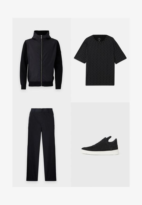 Juodas švarkas su užtrauktuku priekyje, aukštu apykakle ir mišriomis medžiagomis: vientisas viršus ir banguoto mezginio rankovės bei apvadas.; Juodas marškinėliai su tekstūruotu pakaitinių 'A' logotipų raštu, trumpomis rankovėmis ir apvalia iškirpte. Pagaminti iš lengvos medžiagos.; Juodos kelnės, pagamintos iš lengvos tekstūruotos medžiagos, tiesaus silueto, su elastingu juosmeniu ir šoniniais užtrauktukų kišenėmis.; Juodų suede sportbačių su balta gumine padu, su toniniais siuvinėjimais ir raištelių užsegimu. Sklandus paviršius su šiuolaikine, laiko forma.