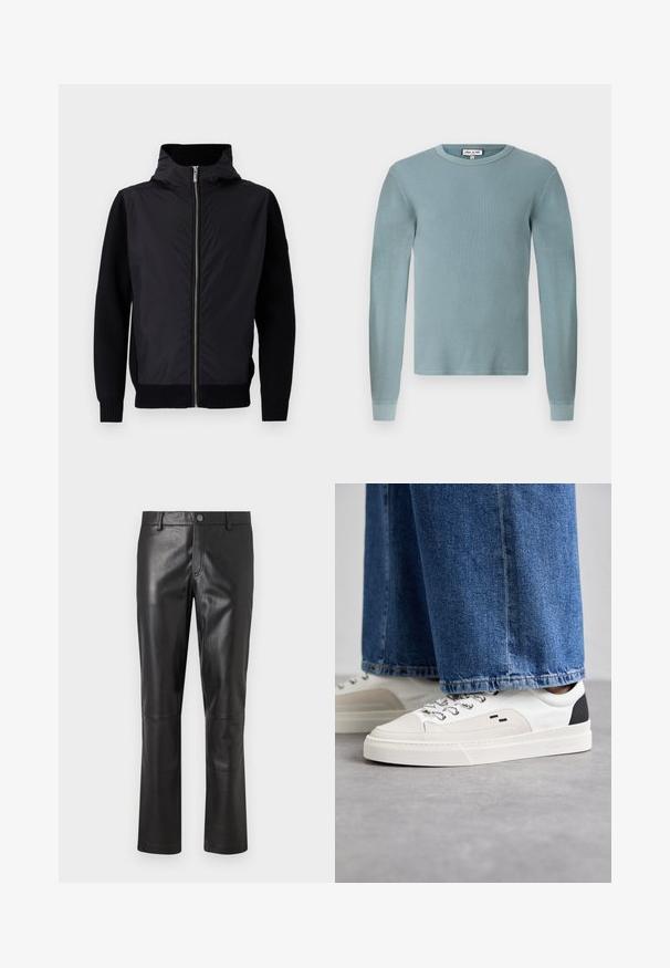 Schwarze Jacke mit einem Reißverschluss vorne, einem hohen Kragen und gemischten Materialien: glatter Oberteil und gerippte Strickärmel sowie -saum.; Helles blaues Langarmhemd mit gerippter Textur und Rundhalsauschnitt. Verfügt über eng anliegende Bündchen und ein einfaches Markenlabel am Kragen.; Schwarze Lederhosen mit glatter Textur, geradem Schnitt und dezenten Nähten an den Säumen. Mit einem Knopfverschluss in der Taille.; Weiße und schwarze Sneaker mit einem Obermaterial aus glattem Leder, strukturierten Akzenten und einer massiven weißen Sohle. Verfügt über ein klassisches Schnürdesign.