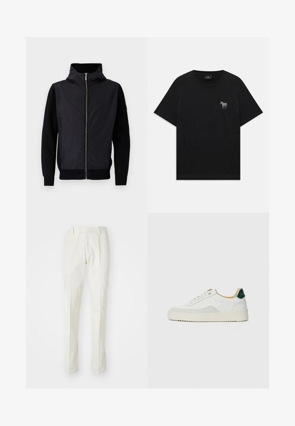 Black jacket featuring a zip front, a high collar, and mixed materials: smooth upper and ribbed knit sleeves and hem.; Black short-sleeve T-shirt with a small embroidered white zebra on the left chest and a round neckline.; White trousers made of cotton, featuring a straight-leg design, flat front, and no visible patterns or hardware. Smooth texture.; White sneaker with suede accents, rounded toe, flat laces, and a cream rubber sole. Features green branding on the heel.