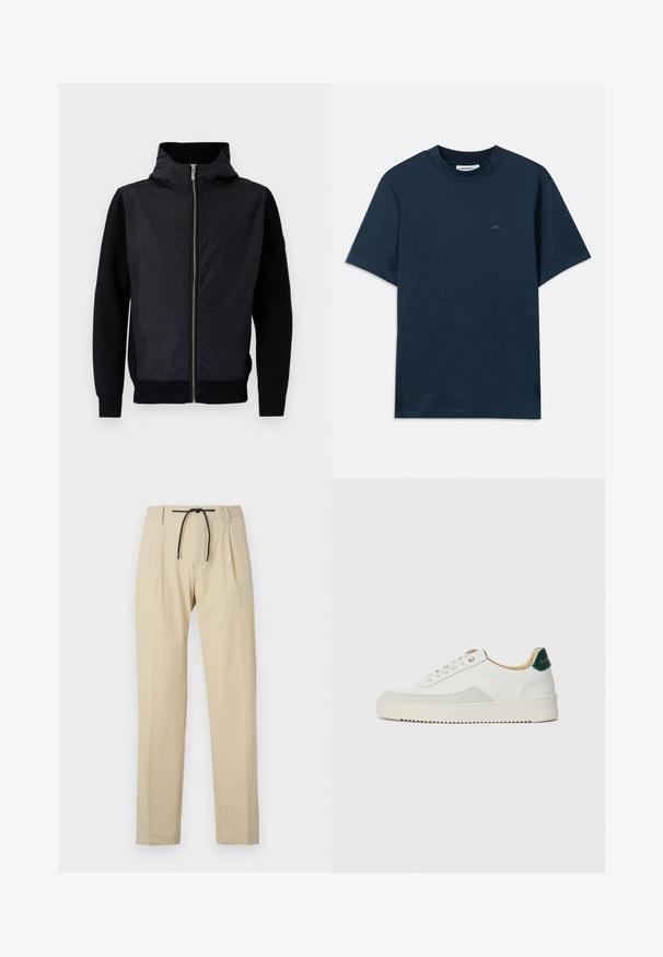 Juodas švarkas su užtrauktuku priekyje, aukštu apykakle ir mišriomis medžiagomis: vientisas viršus ir banguoto mezginio rankovės bei apvadas.; Tamsiai mėlynas medvilninis marškinėlis su apvalia iškirpte, trumpomis rankovėmis ir subtiliu logotipu, atspaustu ant krūtinės. Sklandus paviršius ir klasikė tinka.; Bežinės kelnės su tiesiomis linijomis, turinčios raištelio juosmenį, klostuotą priekinę dalį ir lygią tekstūrą. Paprastas, universalus dizainas.; Baltos sportbačiai su zomšos akcentais, apvaliu nosiu, plokščiais raišteliais ir kreminės spalvos guminiu padu. Ant kulno yra žalia ženklinimo detalė.