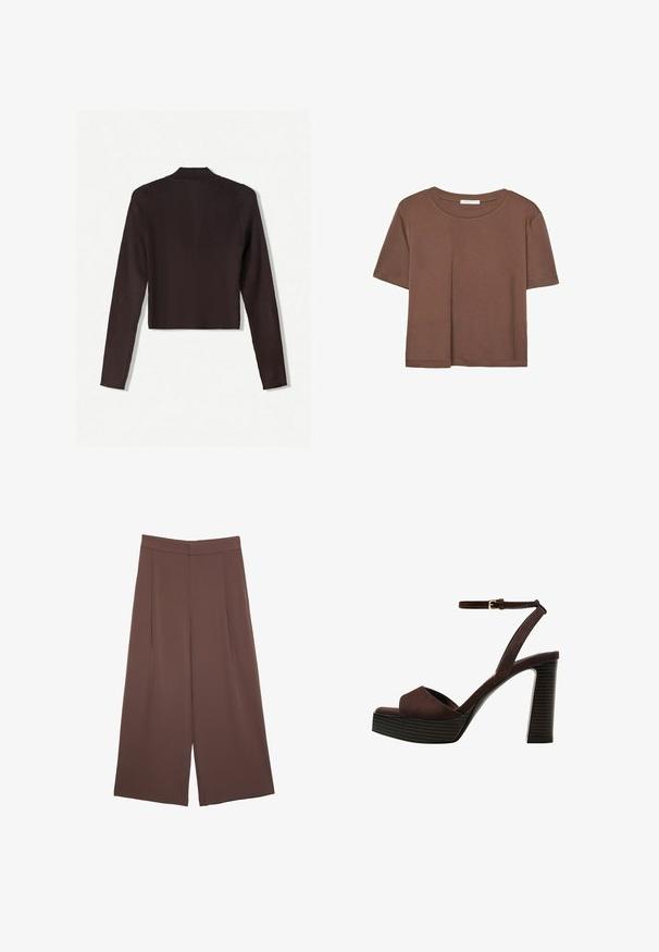 Bershka Neuletakki - dark brown; Kahvinsävyinen lyhythihainen t-paita, joka on valmistettu pehmeästä kankaasta. Pyöreä pääntie ja rento malli. Ei näkyviä kuvioita tai koristeita.; Ruskeat leveälahkeiset housut, joissa on sileä pinta, korkea vyötärö ja etupleat. Kangas on kevyttä ja laskeutuu väljänä.; Ruske kožne sandale s visokom potpeticom, otvorenim prstima, podesivim kopčanjem oko gležnja i prugastim platformskim đonom.