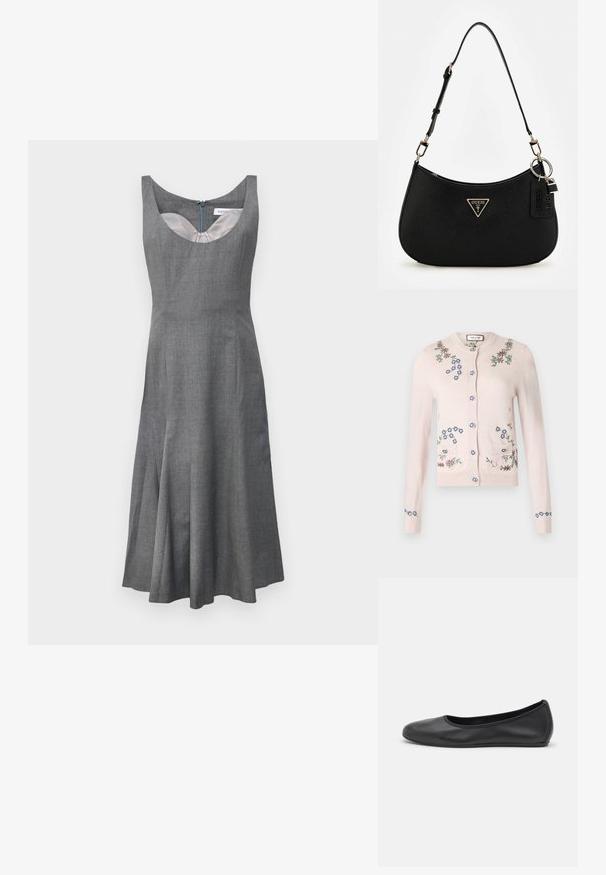 Paul & Joe MAUPASSANT - Kardigán - nude; Sivá bezrukávová šaty s okrúhlym výstrihom, rozšírenou sukňou a skrytým zipsom na chrbte. Vyrobené z textúrovaného materiálu s hladkou podšívkou.; Čierne kožené baleríny s okrúhlou špičkou, hladkým povrchom, minimálnym prešívaním a flexibilným dizajnom podrážky.; Čierna syntetická plecnička s oblým siluetom, textúrovaným povrchom, zlatým trojuholníkovým logom a odnímateľnými kovovými detailmi.
