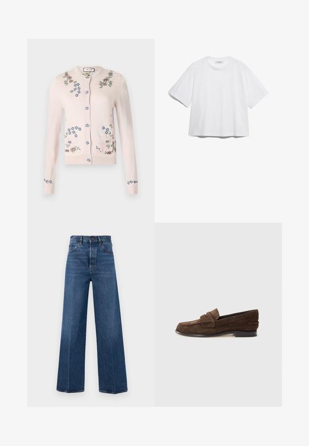 Paul & Joe MAUPASSANT - Adīta jaka - nude; Baltas kokvilnas T-krekls ar īsām piedurknēm, apaļu kakla izgriezumu, brīvu piegriezumu un bez redzamām rakstu vai grafikas. Gluda tekstūra un vienkāršs dizains.; Plati zilie džinsi no denima ar augstu jostasvietu, priekšējiem kabatām un kontrastējošiem diegiem. Audumam ir gluda tekstūra.; Brūni zamšādas loafers ar zemu papēdi, ar izšūtu priekšpusi un gludu iekšējo oderi. Sānu akcenti pievieno tekstūru.