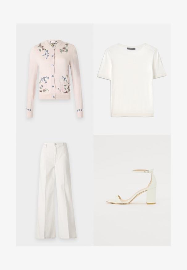 Paul & Joe MAUPASSANT - Vest - nude; Witte gebreide top met korte mouwen en een ronde halslijn, met een gladde textuur en subtiele ribgebreide accenten bij de mouwen en de zoom.; Witte wijde-broek gemaakt van katoen met een gladde textuur. Voorzien van een knoop aan de voorkant, ritsopening en vierzakkenontwerp.; Witte leren sandaal met blokhak, voorzien van een enkelsluitsel met een gesp en een minimalistisch design. Open teen en gladde texturen overal.