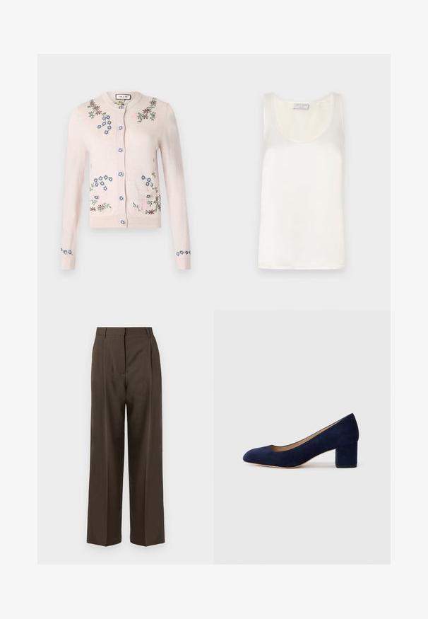 Paul & Joe MAUPASSANT - Jopica - nude; Bela satenska brezrokavna majica z okroglim ovratnikom in gladko teksturo, z rahlim leskom in čistimi robovi.; Rjave široke hlače z gladko teksturo, ki imajo visok pas, sprednje gube in kroj po meri. Brez vidnih žepov ali okrasnih elementov.; Temno modri nubuk čevlji s koničastim nosom in srednje visokim blokom. Gladka tekstura z diskretnim sijajem in majhnim izrezom spredaj.