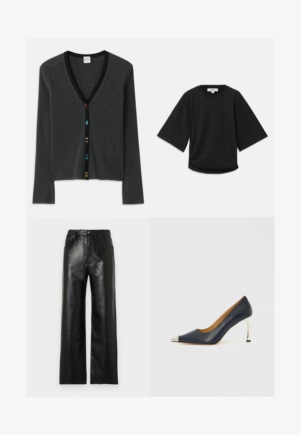 Pilka raukšlėta megztinė su giliu V formos iškirpimu, ilgomis rankovėmis ir juodu apdailos kraštu. Priekyje puošia įvairiaspalviai gėlių formos mygtukai.; Juodas trumpomis rankovėmis marškinėliai, pagaminti iš švelnaus medvilnės, su apskritu kaklu ir laisvu siluetu, su subtiliu surinkimu šone.; Juodos odinės kelnės plačiomis kojomis su blizgiu paviršiumi, priekyje kišenės, užtrauktukas ir sagutė užsegimui. Visas paviršius sklandus.; Tamsiai mėlynas odinis aukštakulnis batelis su smailiu priekiu, puoštas sidabrine metaline apsauga ir blizgiu sidabriniu stiletto kulnu.