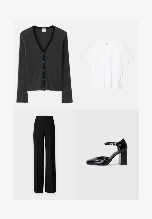 Szürke bordázott kardigán mély V-kivágással, hosszú ujjakkal és fekete díszítéssel. Az elején színes virágformájú gombok találhatók.; Fehér pamut póló rövid ujjal, kerek nyakkivágással, laza fazonnal és varrott szegéllyel. Címke látható a belső nyakrészén.; Fekete, széles szárú nadrág sima tapintással, magas derékkal és középen pliszével. Nincsenek látható minták vagy fém részletek.; Fekete patent bőr, magas sarkú cipők négyzetes orral, bokapánttal és vastag sarkal. A szélén lyukacsos díszítéssel.