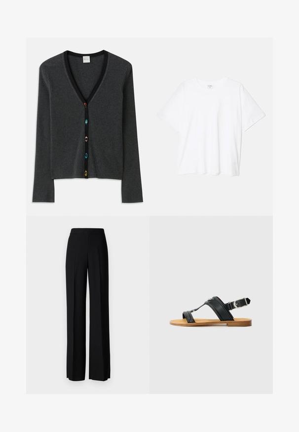 Cardigan gris acanalado con un profundo escote en V, mangas largas y ribetes negros. Presenta botones de forma de flor coloridos a lo largo del frente.; Camiseta de algodón blanca con mangas cortas, escote redondo, corte relajado y dobladillo cosido. Etiqueta visible en el interior del cuello.; Pantalones de pierna ancha negros con una textura suave, que presentan una cintura alta y pliegues centrales. Sin patrones visibles ni detalles de hardware.; Sanda negra de cuero con hebilla ajustable, suela plana de color marrón claro y dos tiras anchas cruzando sobre el pie, diseño minimalista.